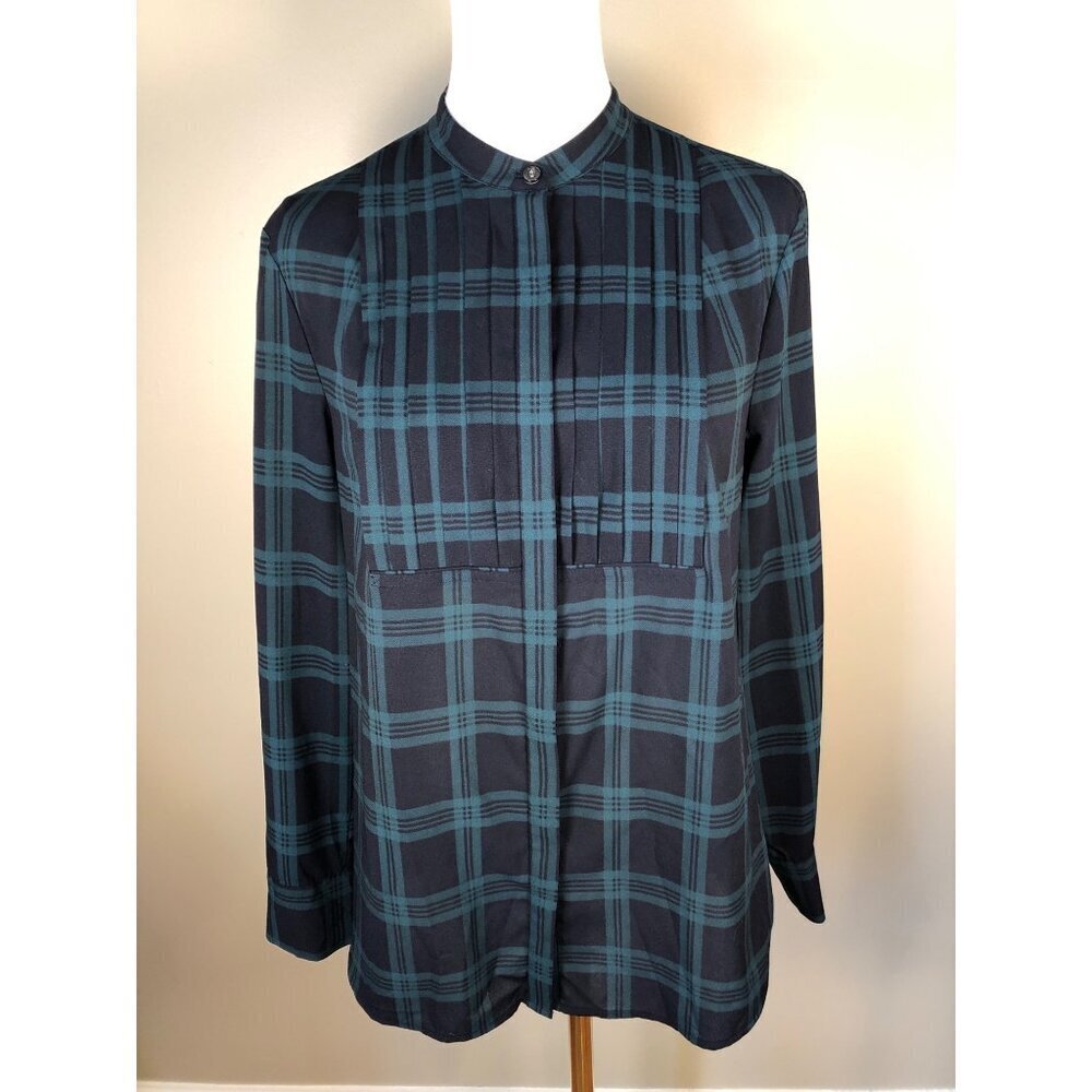 J Crew Long Sleeve Lightweight Green/Blue Plaid Pleated Button Front Blouse Sz S